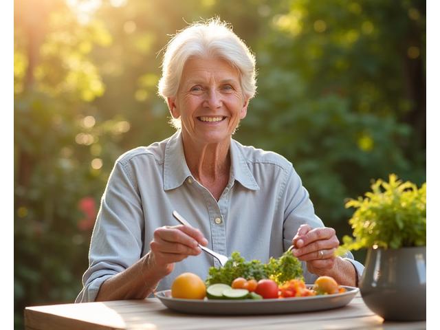 Person enjoying a balanced, nutrient-rich meal outdoors, embodying mindful nutrition.
