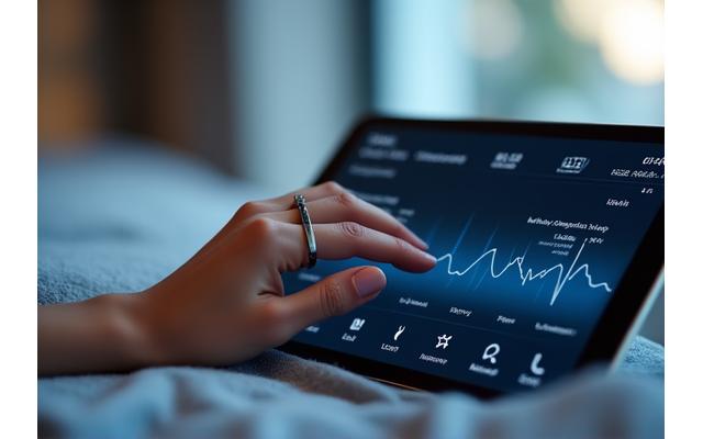 High-tech sleep tracking ring on finger with digital sleep metrics dashboard on tablet